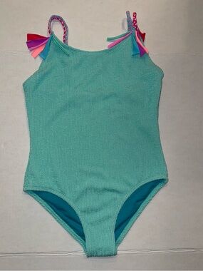 Girls Aqua One-Piece Swimsuit with Braided Multicolor Straps